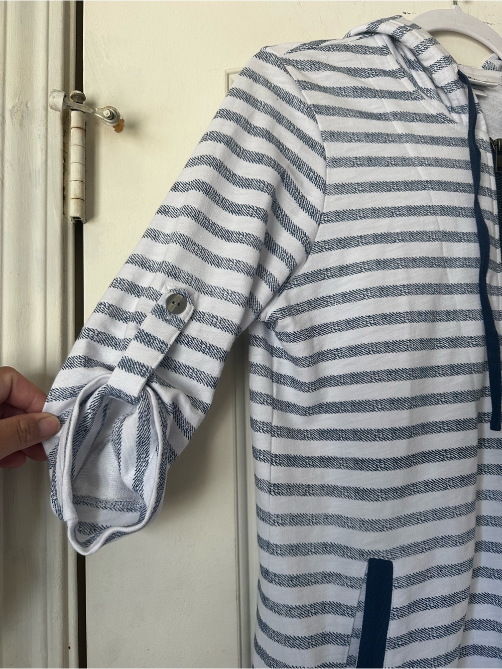 Wild Palm Stripe Full-Zip Hooded Tunic Jacket - Blue/White - Size Small - Picture 2 of 5